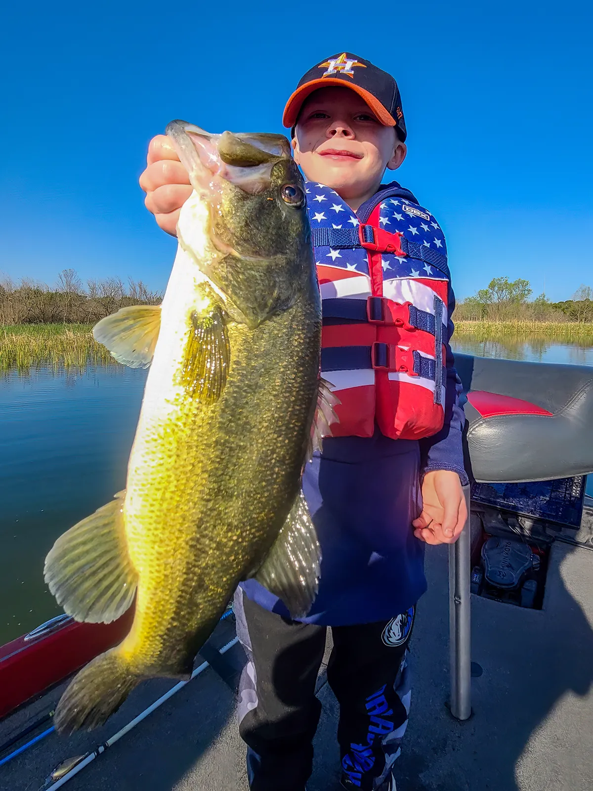 Youth Americanflag — bass fishing catch with Texas Hawgs